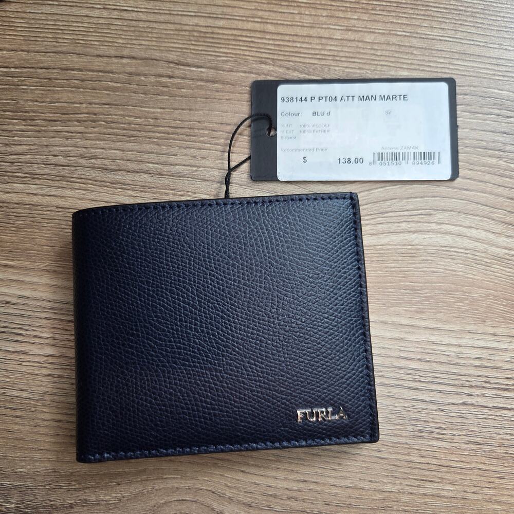 Furla Man Marte Leather Bifold Wallet Dark Blue Navy NWT $138 Italy Card Case